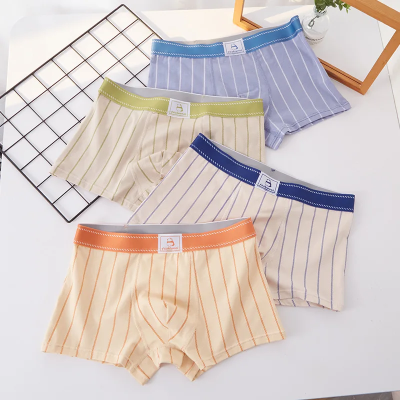 4PCS Teens Cotton Soft Antibacterial Panties for Boys Striped Sporty Knickers Thin Breathable Briefs 7+y Young Child Underwears