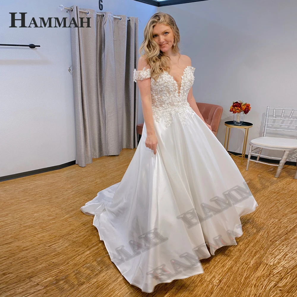 

HAMMAH Wedding Dresses Stain Elegant V Neck Off The Shoulder Cathedral Train Button Appliques Illusion Robe De Mariée Customised