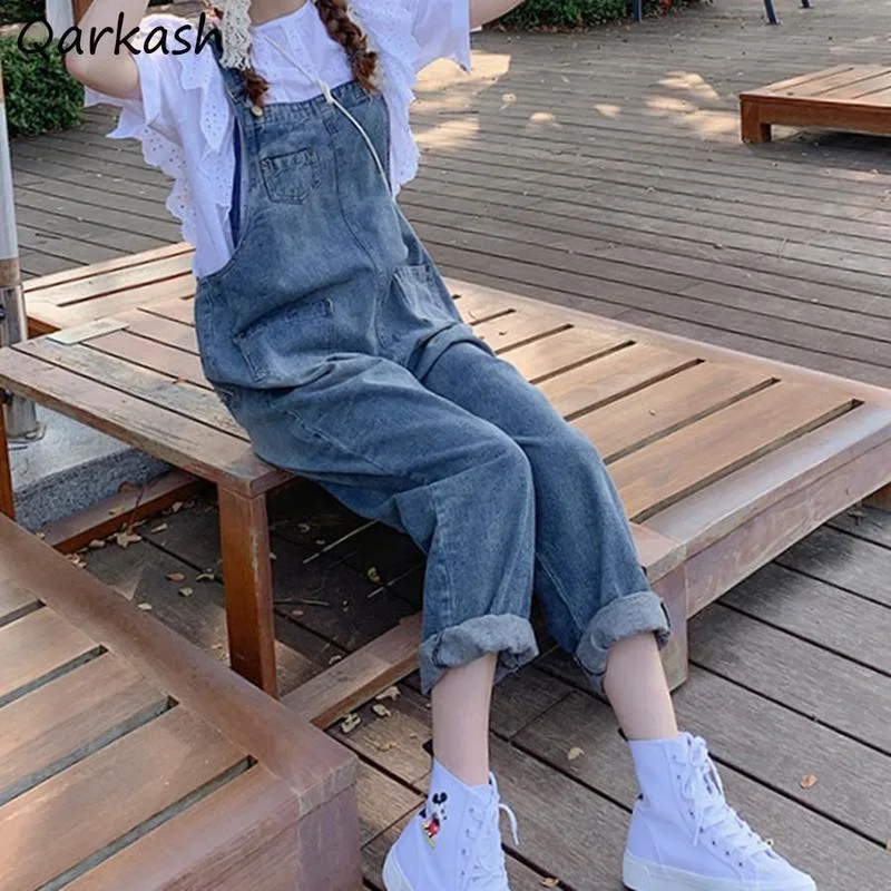 

Jumpsuits Women Denim Vintage Preppy Spring Pockets All-match Suspender Loose Leisure Korean Style Fashion Teens Ladies Basic