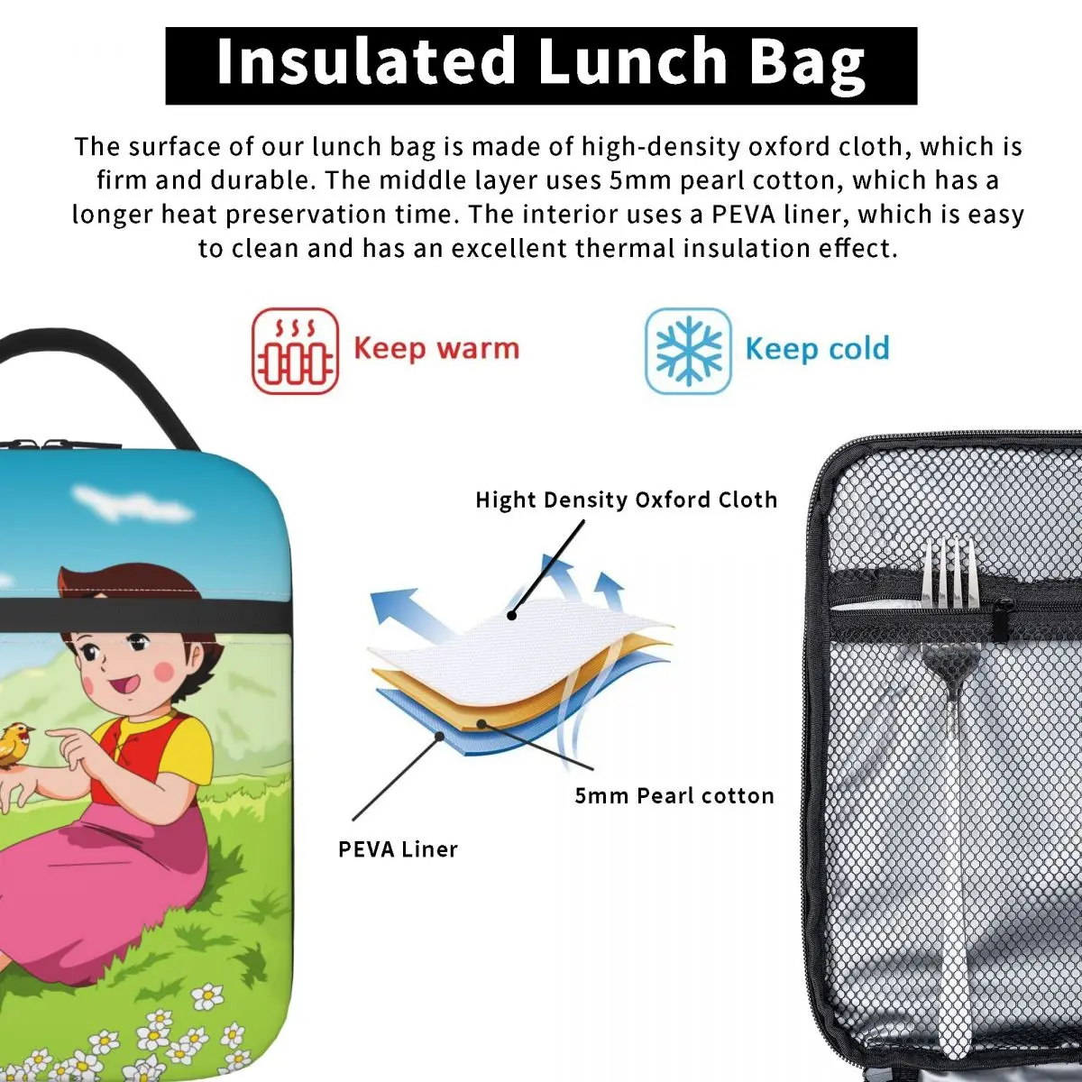 Heidi Tames A Bird Resuable Lunch Box Leakproof Cartoon Alps Mountain Girl Thermal Cooler Food Insulated Lunch Bag School Kids