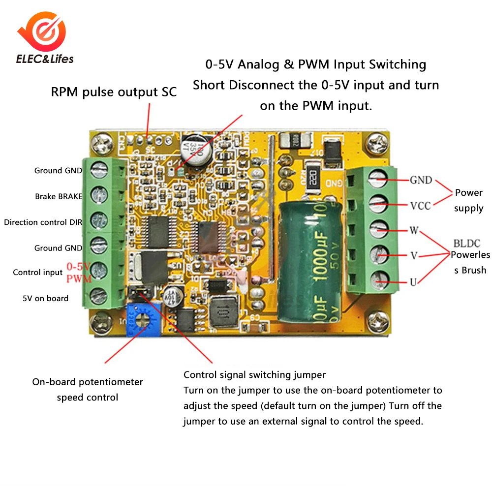 Brushless Motor Controller sem Sensor Hall Driver de Controle do Motor Fonte de Alimentação Trifásico Pwm dc 6.550v 380w Bldc