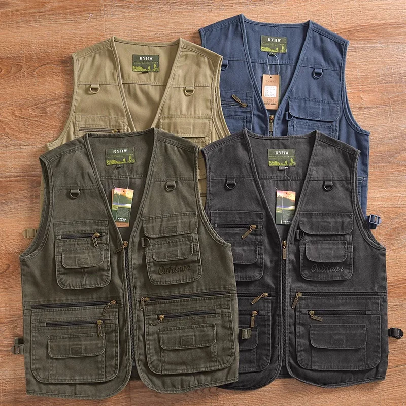 Men's Outdoor Casual V-Neck Multi-Pocket Tactical Vest Solid Color Military Vest Fishing Hiking Wear