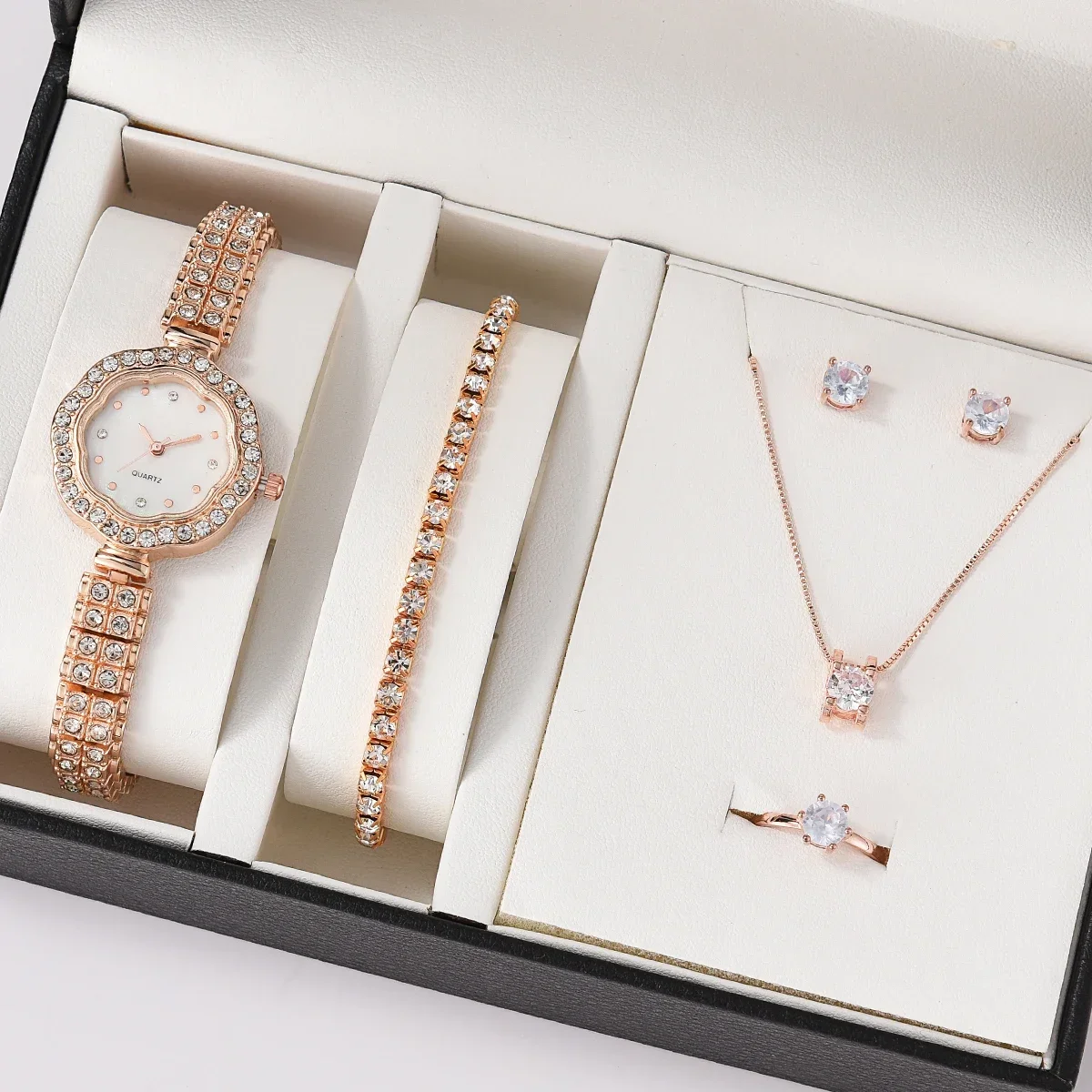 6 Stücke Roségold Damen Uhrenset, Luxus Strass Römische Ziffernskala