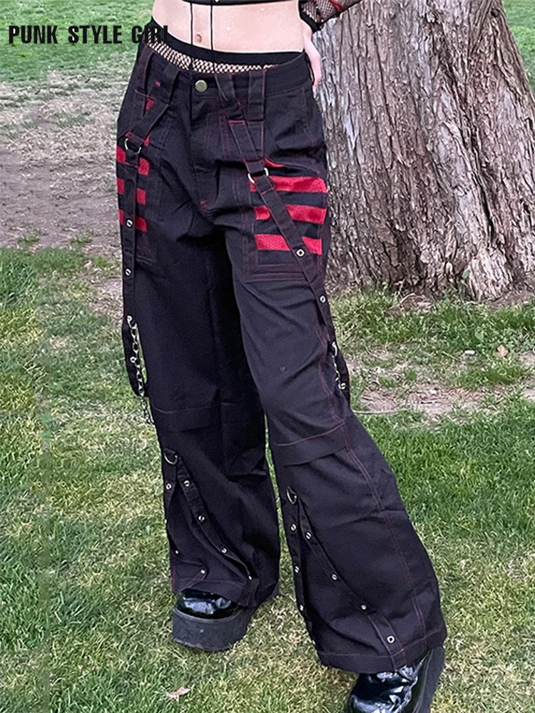 Emo Gothic Chain Bandage Wide Leg Pants Women Goth Low Rise Jeans Dark