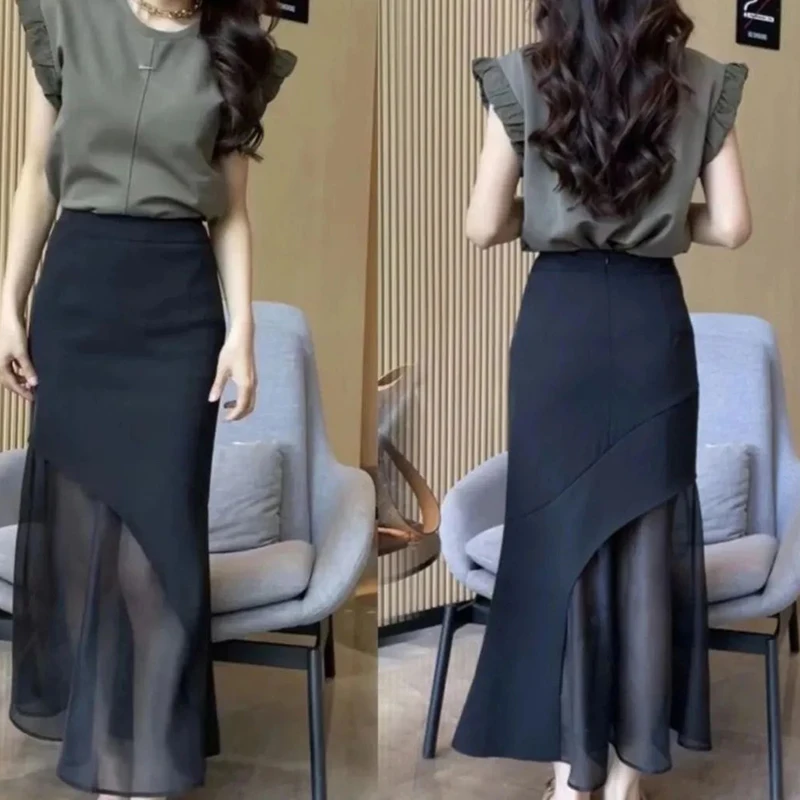 Skirt suit vest mesh skirt design sense 2024 summer new short-sleeved women's fashion niche top 2 piece sets womens outfits