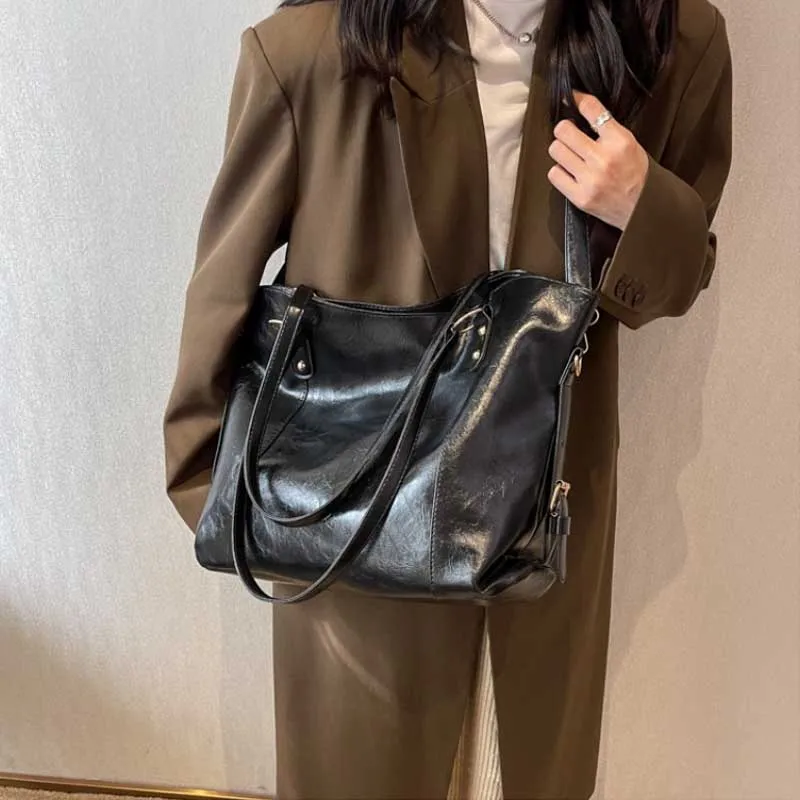 Pu Leather Vintage Women's Tote Handbags Solid Color Simple Ladies Shoulder Bags Large Capacity College Female Crossbody Bag