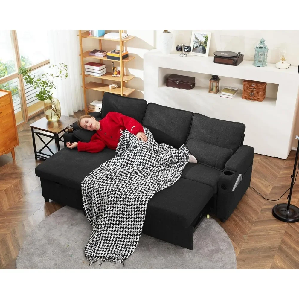 Sofa Bed Sleeper Pull Out 2 in 1 Sectional Sleeper Sofa Couches with Storage,USB, Cup Holder,Pullout Sectional Couches for Apar