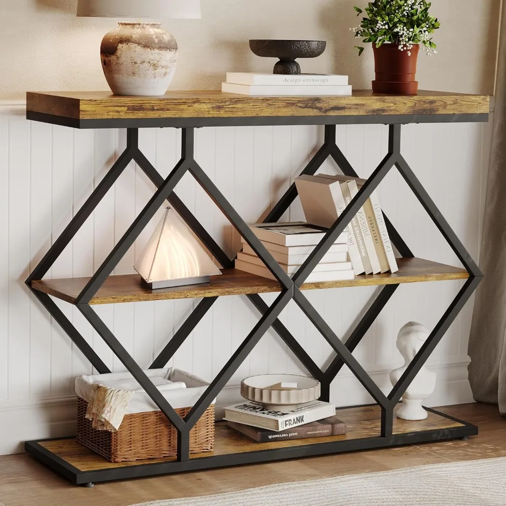 3-Tier Industrial Console Table with Storage, Rustic Brown Entryway Sofa Table, Diamond Metal Frame