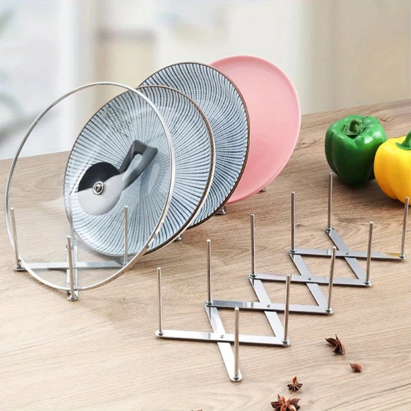 1/3pcsPot lid rack, pot lid storage container, extendable and foldable stainless steel plate tableware rack, tableware