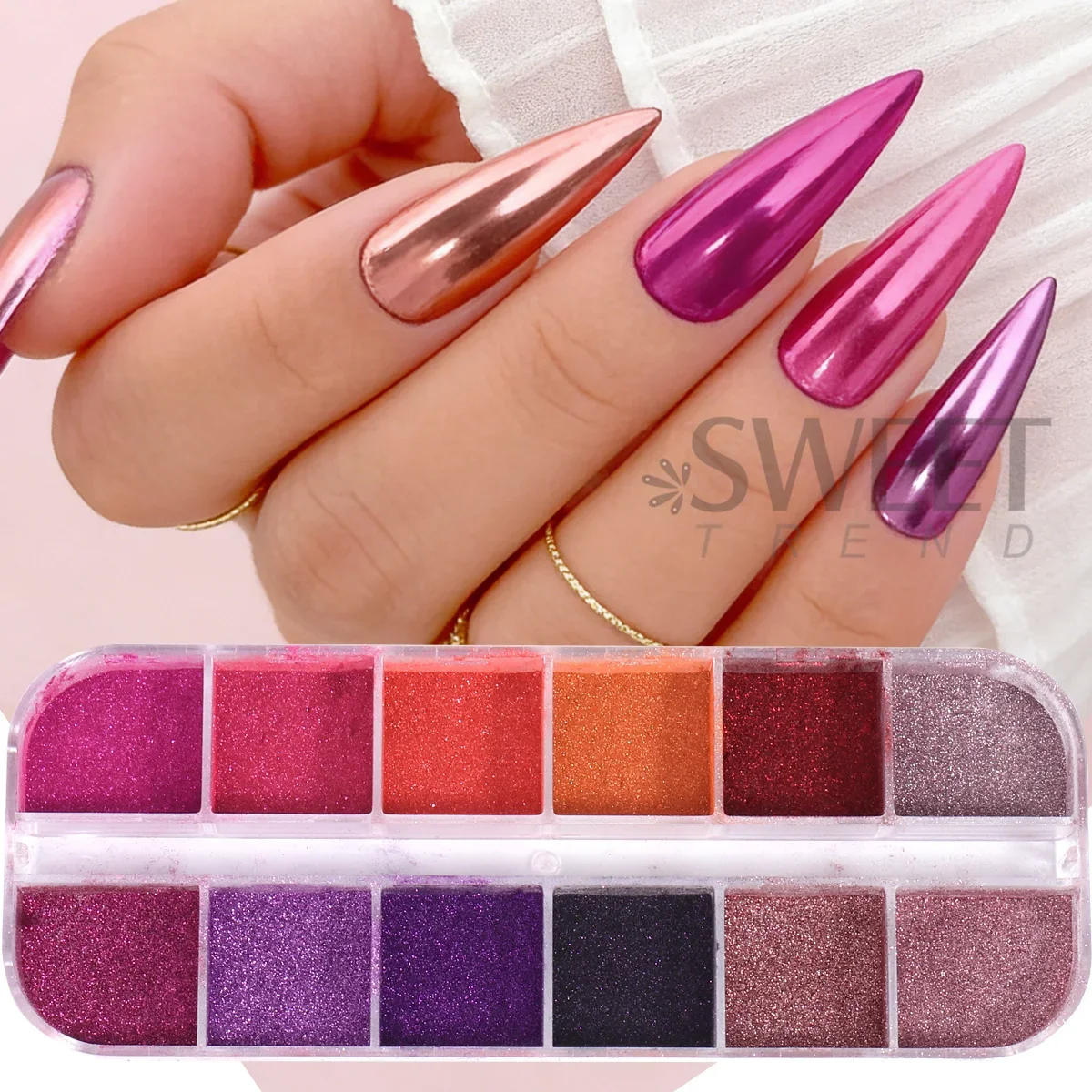 12 Grids Sweet Pink Magic Mirror Nail Glitter Powder Purple Red Metallic Chrome Rubbing Dust DIY Valentine Trend Decor Manicure