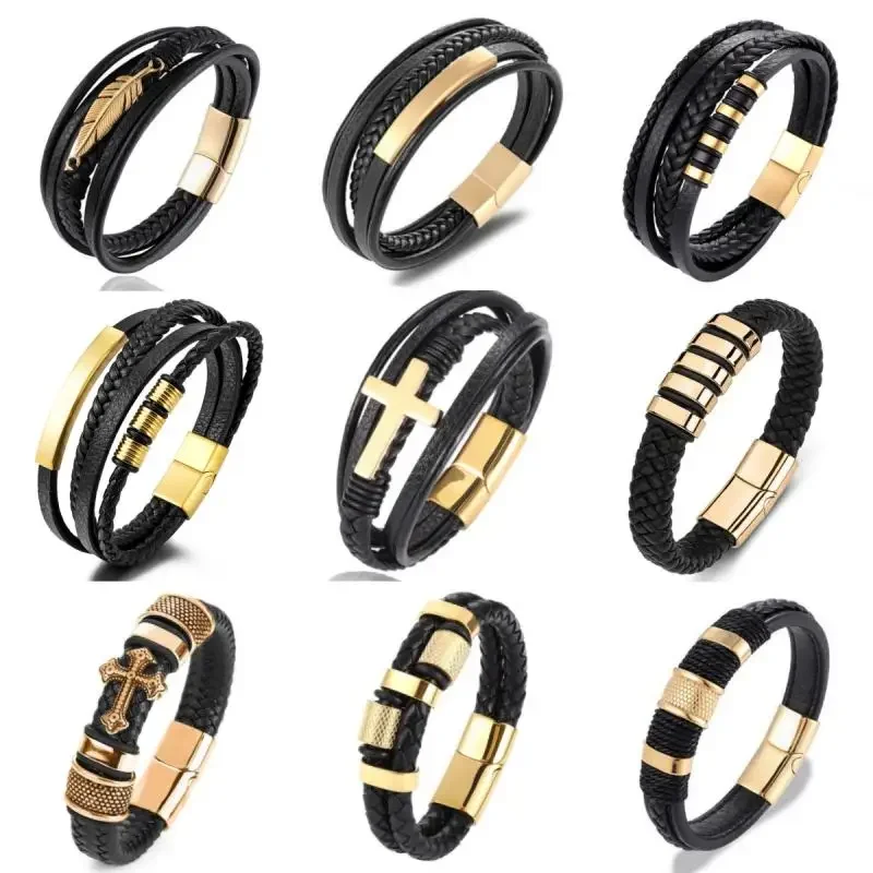 Men's Classic Magnetic Black Leather Rope Chain Charm Bracelet Sports Casual Style