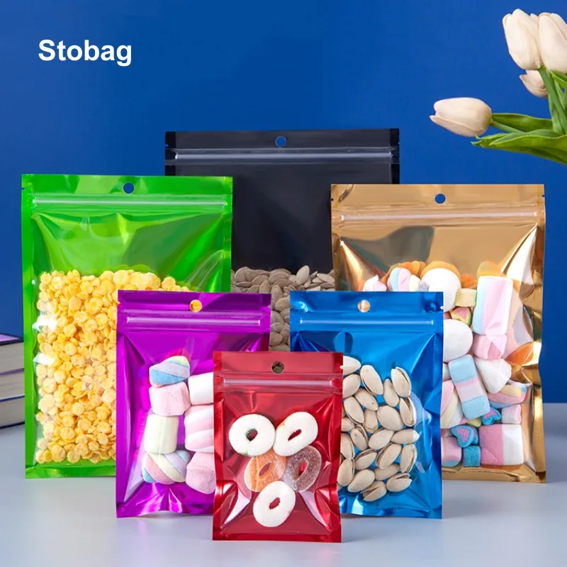 

StoBag 100pcs Food Packaging Ziplock Bag Aluminum Foil Hang Hole Transparent Sealed Storage for Candy Tea Nuts Reusable Pouches