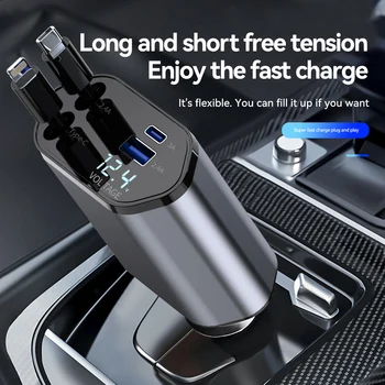 New Arrival 100w 4 IN 1 Retractable Car Charger USB Type C Cable For IPhone Samsung Fast Charge Cord Cigarette Lighter Adapter 2