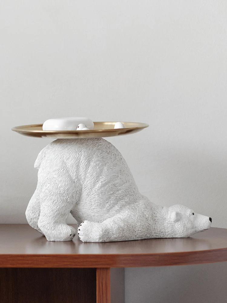 

Creative White Polar Bear Sculpture Storage Tray Desktop Key Jewelry Storage Tray Cartoon Animal Sculpture Crafts Gift Art Decor