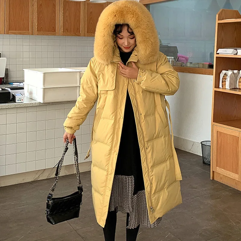 

Quality Women Long Down Jacket New Winter Warm White Duck Down Outerwear Abrigo Mujer Casual Hooded Fur collar Parka Overcoat