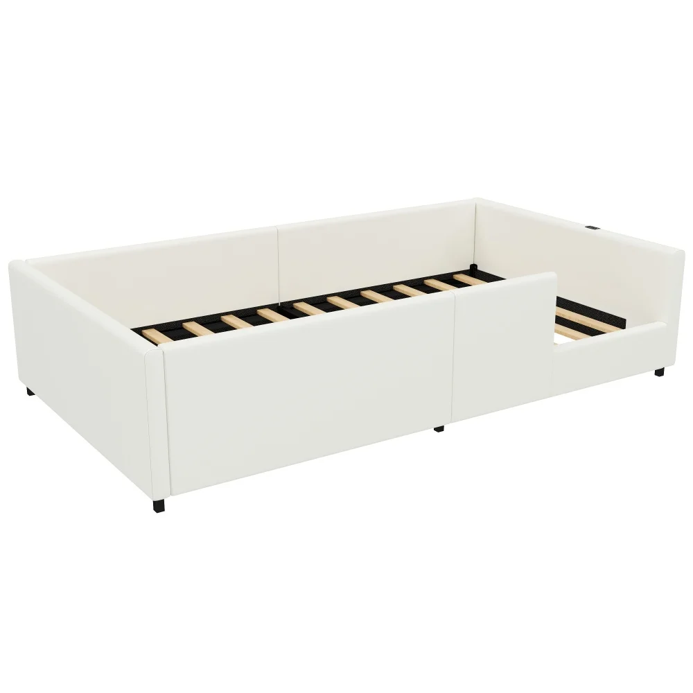 90 x 200 cm modernes gepolstertes Plattformbett mit Geländer und Ladestation, gepolstertes Geländer, stabile Konstruktion, für Schlafzimmer, weiß – Detail 16