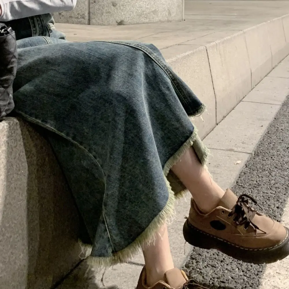 Fashion High Waist Denim Skirt Women Retro Solid Color High Waist Long Skirt Loose Chic Hairy Fishtail Skirt Girl