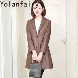 High Quality Real Sheepskin Womens Leather Jacket 2024 Mid-length Leather Coat Elegant Slim Genuine Leather Jackets Suit Collar