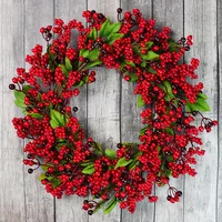 Yannew Christmas Red Berry Wreath for Front Door Outside Xmas Handmade Artificial Holly Berries Wreath Winter Home Wall Decor