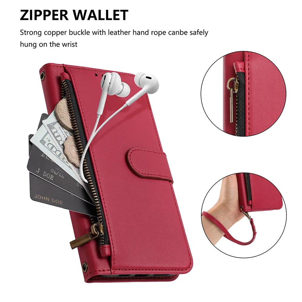 Leather Wallet Crossbody Phone Case with Lanyard Strap and Zipper