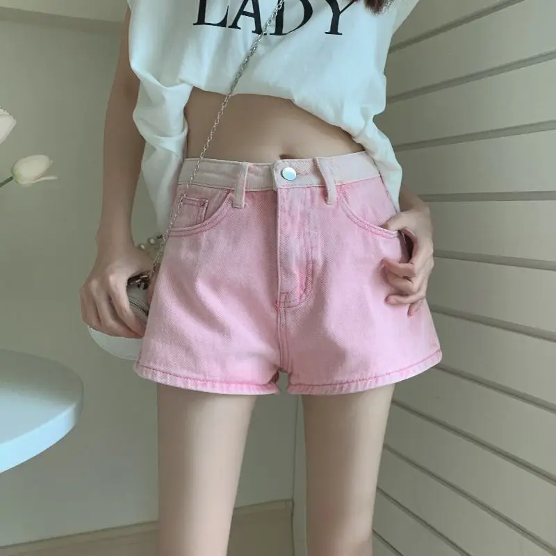 Denim Shorts Pink Patchwork High Waist 2024 Women'S Summer New Thin Style Design Straight American Wide Leg Hot Pants