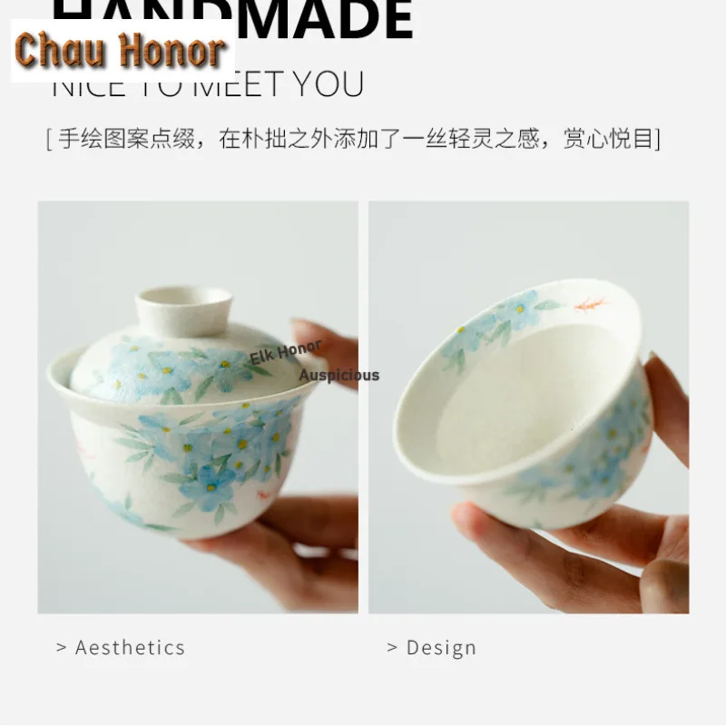 90ml Pure Hand-painted Blue Star Flower Gaiwan Zen Tea Tureen Tea Bowl with Lid Kit Tea Brewing Cover Bowl Tea Items Ornaments