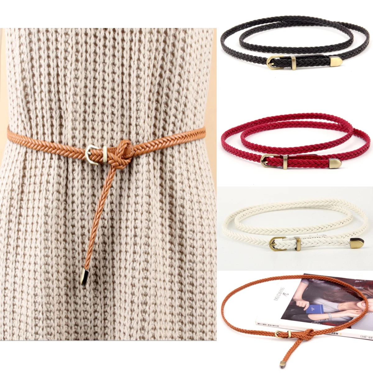 

Women Waist Belt for Dress Decorative Leather Narrow Knitted Waistband