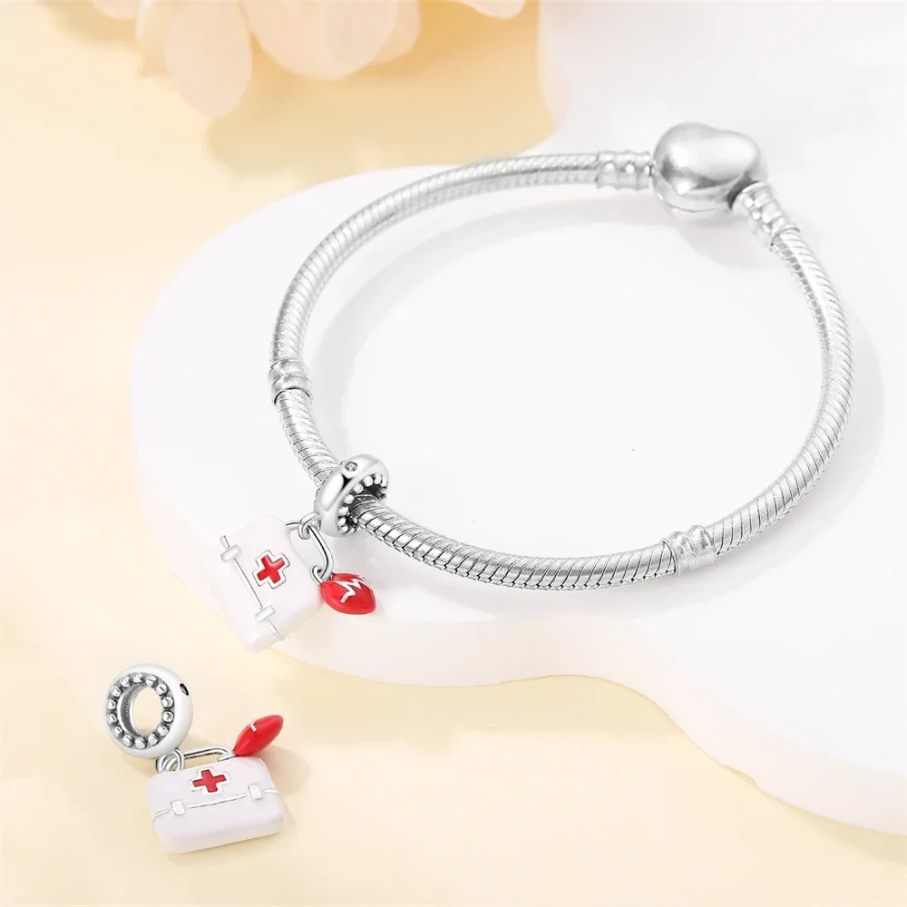 Original 925 Sterling Silver Nurse Hat Electrocardiogram Heart&Doctor Charm Fit  Bracelet Female Doctor Banquet Jewelry 4