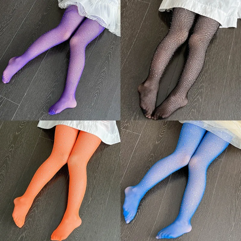 Summer Mesh Thin Tight for Kids Girl Fashion Shiny Rhinestone Solid Color Children Pantyhose Breathable Legging Stocking Sock