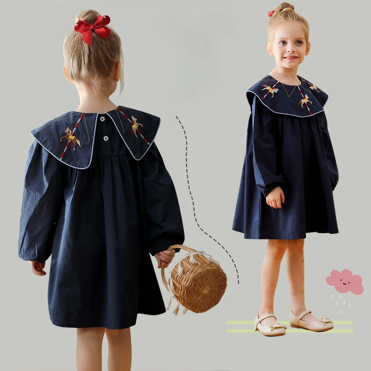 2024 Autumn Carousel Embroidery Lapel Long Sleeved Girls' Dress Clothing Spring Campus Navy Style Children's Pure Cotton Dress - Image 6