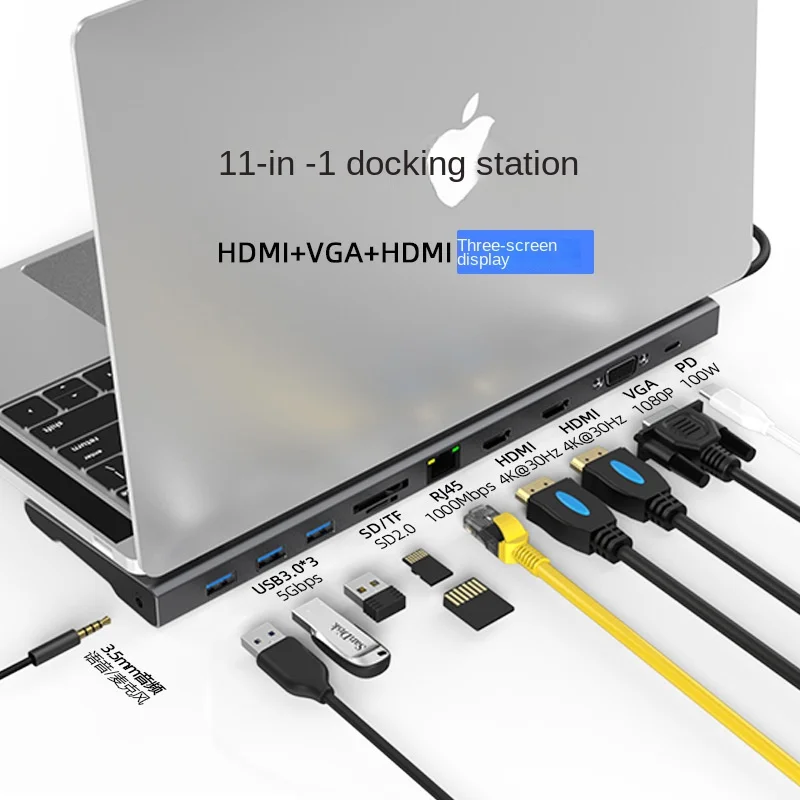 

Type C Docking Station Dual HDMI VGA Gigabit Network Port 11 in 1 Expansion Dock MST Notebook Converter Hub