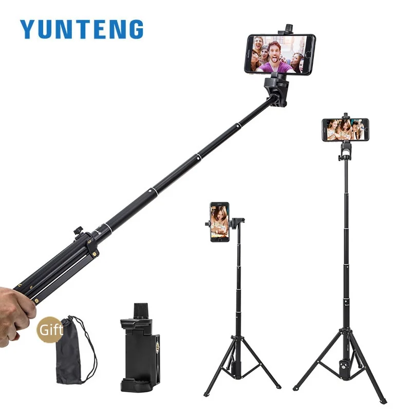 YUNTENG VCT-1688L 올인원 셀카봉 휴대폰 삼각대, 플로어 스탠드 비디오 램프 거치대, 범용 1688L 확장 1.95m