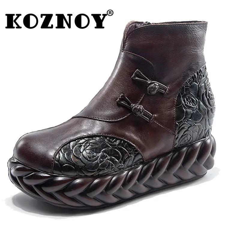 

Koznoy Cow Plush Women Ankle Boot Natural Leather 6.5cm Retro Print Boots Genuine Ethnic Chunky Sneakers Autumn Winter Warm Shoe