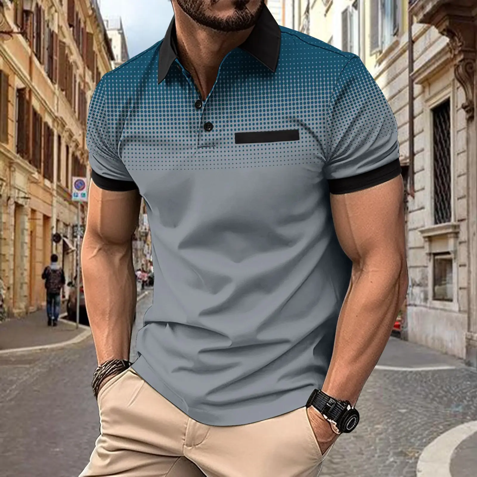New men's summer gradient print polka dot short-sleeved POLO men's sports polo shirt