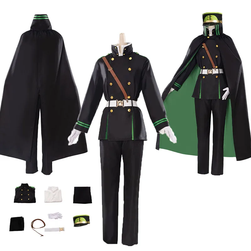 

Anime Seraph of the end Yuichiro Hyakuya Cosplay Costume Men Green Cloak Male Balck Coat Pants Cap Outfits Halloween Suit
