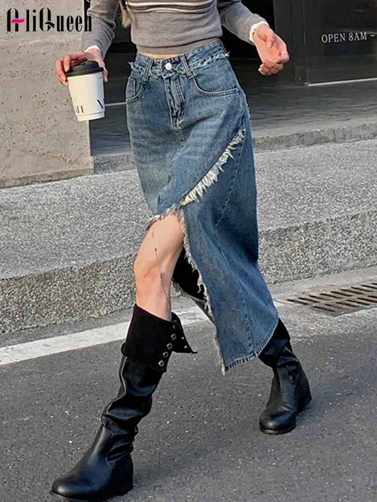 

Summer High Waist Women Split Patchwork Tassel Midi Denim Skirt Spring Streetwear Female Hotsweet Retro Irregular Jean Skirt 5XL