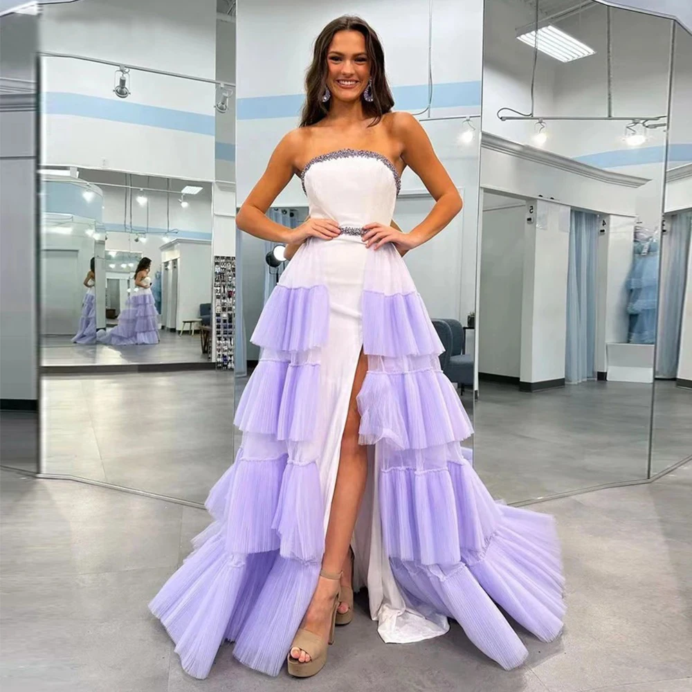 

BridalAffair Strapless Tiered Tulle Party Dresses Beadings A-line Leg Slit Prom Gowns Formal Occasion Dresses Vestidos De Gala