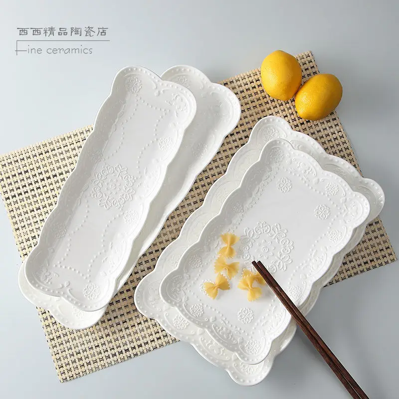 

European Relief Dessert Plate Flat Plate Ceramic Rectangular Plate Fruit Plate Japanese Sushi Plate Fish Plate 14 Inch Dish