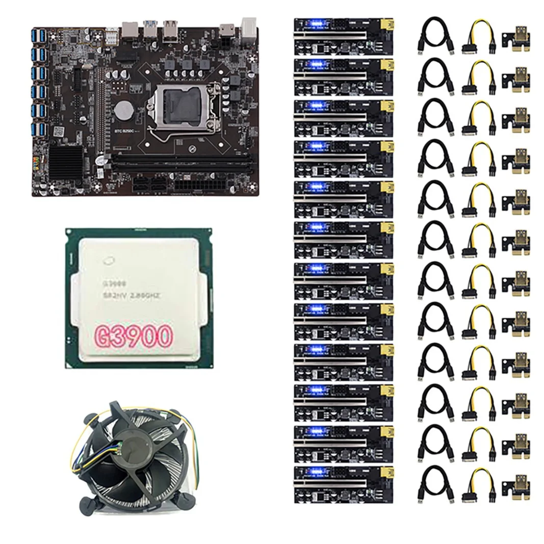 

B250 BTC Mining Motherboard with 12X009C PLUS PCIE Riser Card+G3900 CPU+Cooling Fan 12 PCIE to USB3.0 LGA1151 DDR4 DIMM