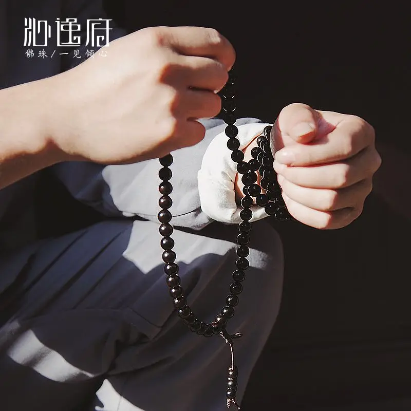 UMQ Authentic Natural Ebony Buddha Beads Bracelet 108Pcs Monk Chanted Sutras Couple Handmade Old Material 2.0 Hand String Rosary
