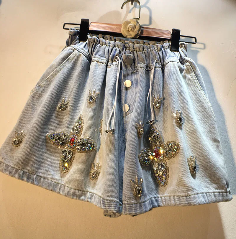 

European Station 2023 New Summer Women Hot Shorts Diamonds Water Drill Beading High Waist Wide Leg Pants Casual A-line Shorts