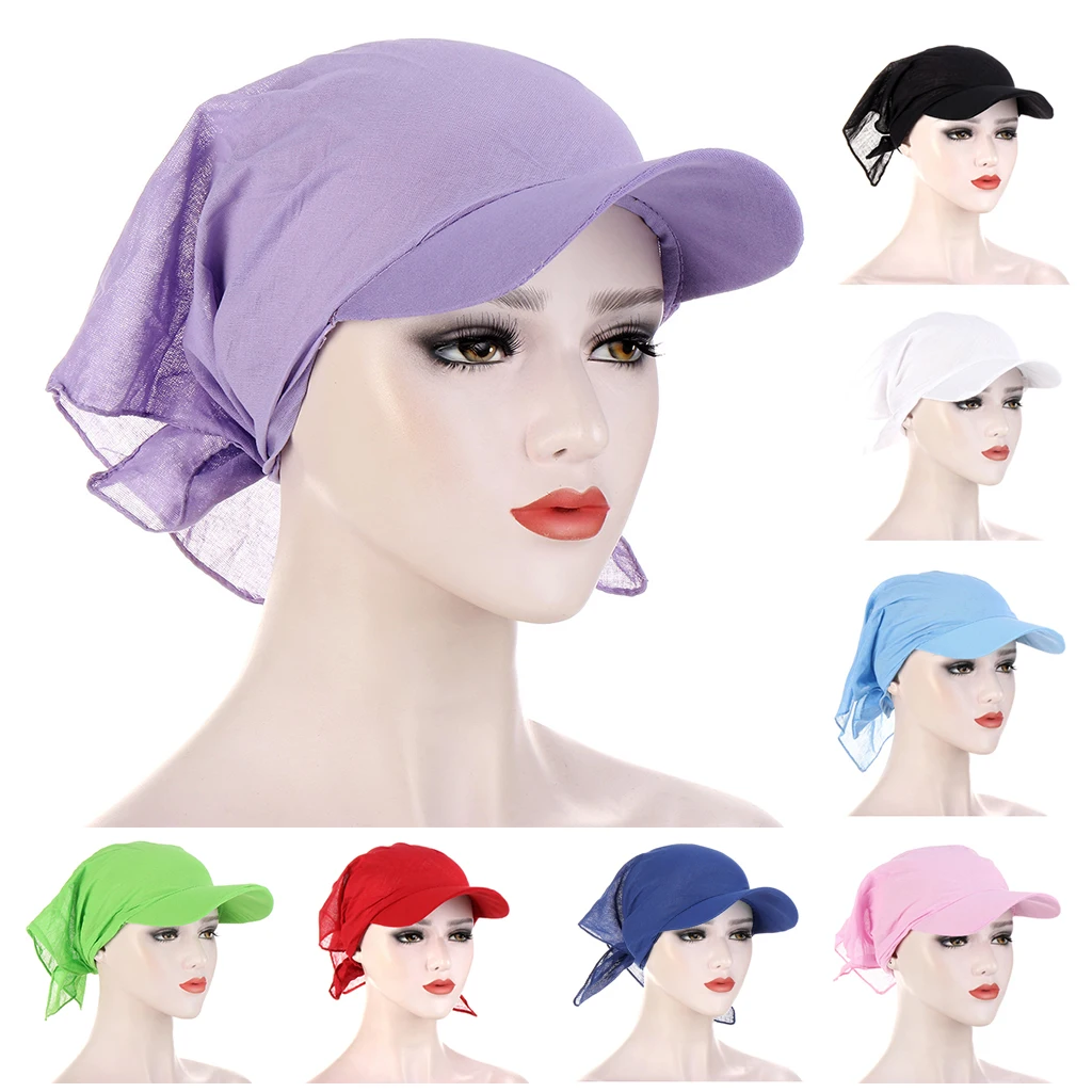 

New Women Headscarf Candy Color Printed Turban Outdoor Sport Sunscreen Bandana Hat with Brim Ladies Beach Lace-up Hat