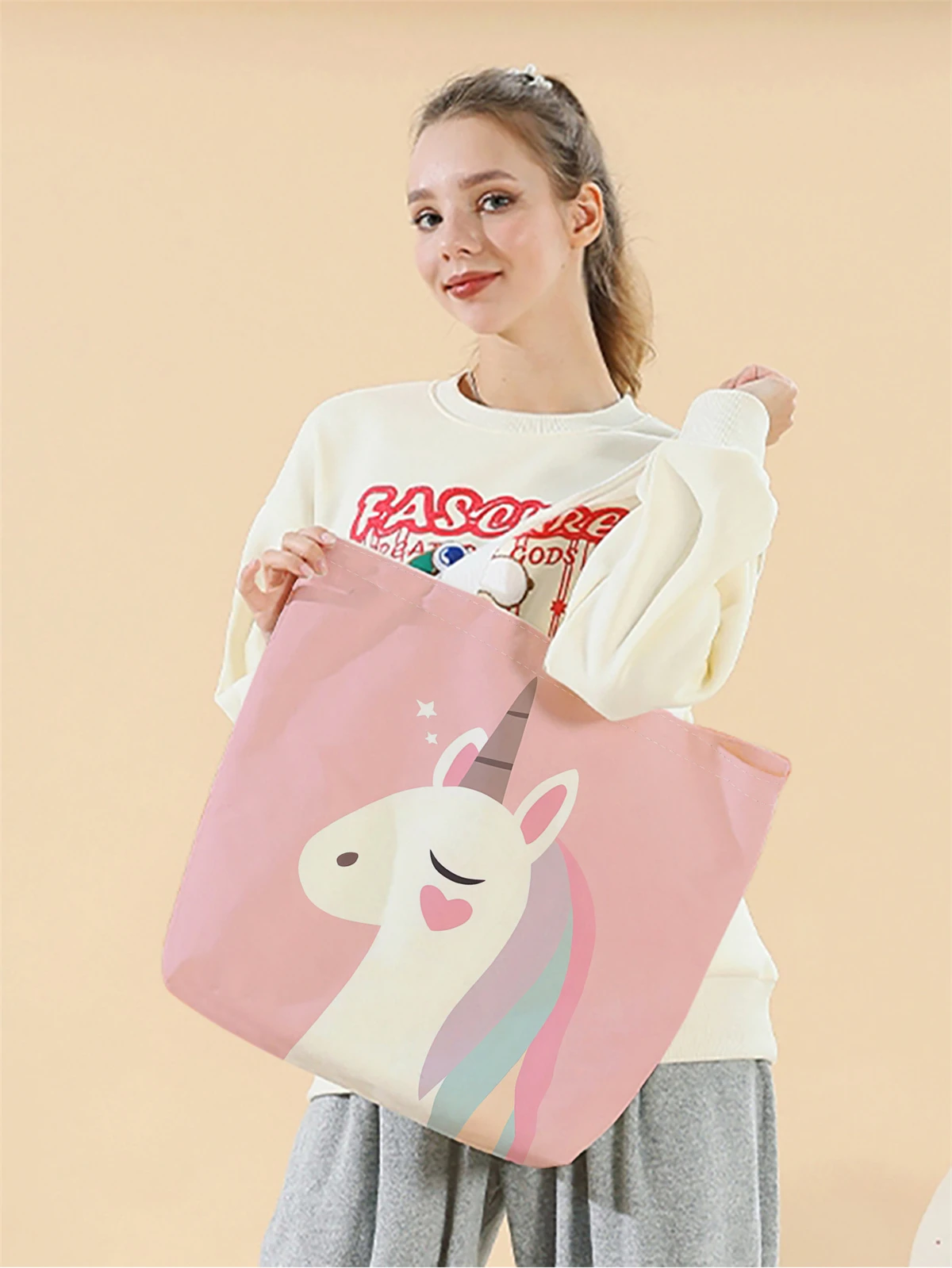 1pc,pink unicorn handbag, reusable fashionable handbag, multifunctional handbag, printed canvas shopping bag