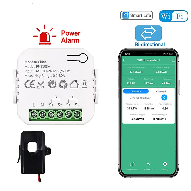 WiFi Smart Bidirectional Power Monitor Single/Dual Channel Buzzer Alarm For Threshold App Monitor Export Import Power AC110/240V 4