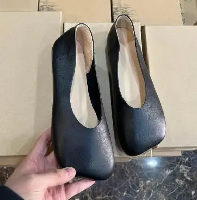 Careaymade-Genuine leather Square head leisure shallow mouth flat