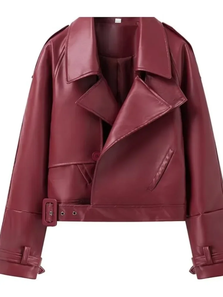 Vintage Zipper Long Sleeve Motor Bicycle Coat Women Braid Lapel Cropped Leather Jacket Chic Casual Retro Loose Street Outerwear 6