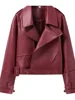 Vintage Zipper Long Sleeve Motor Bicycle Coat Women Braid Lapel Cropped Leather Jacket Chic Casual Retro Loose Street Outerwear 6