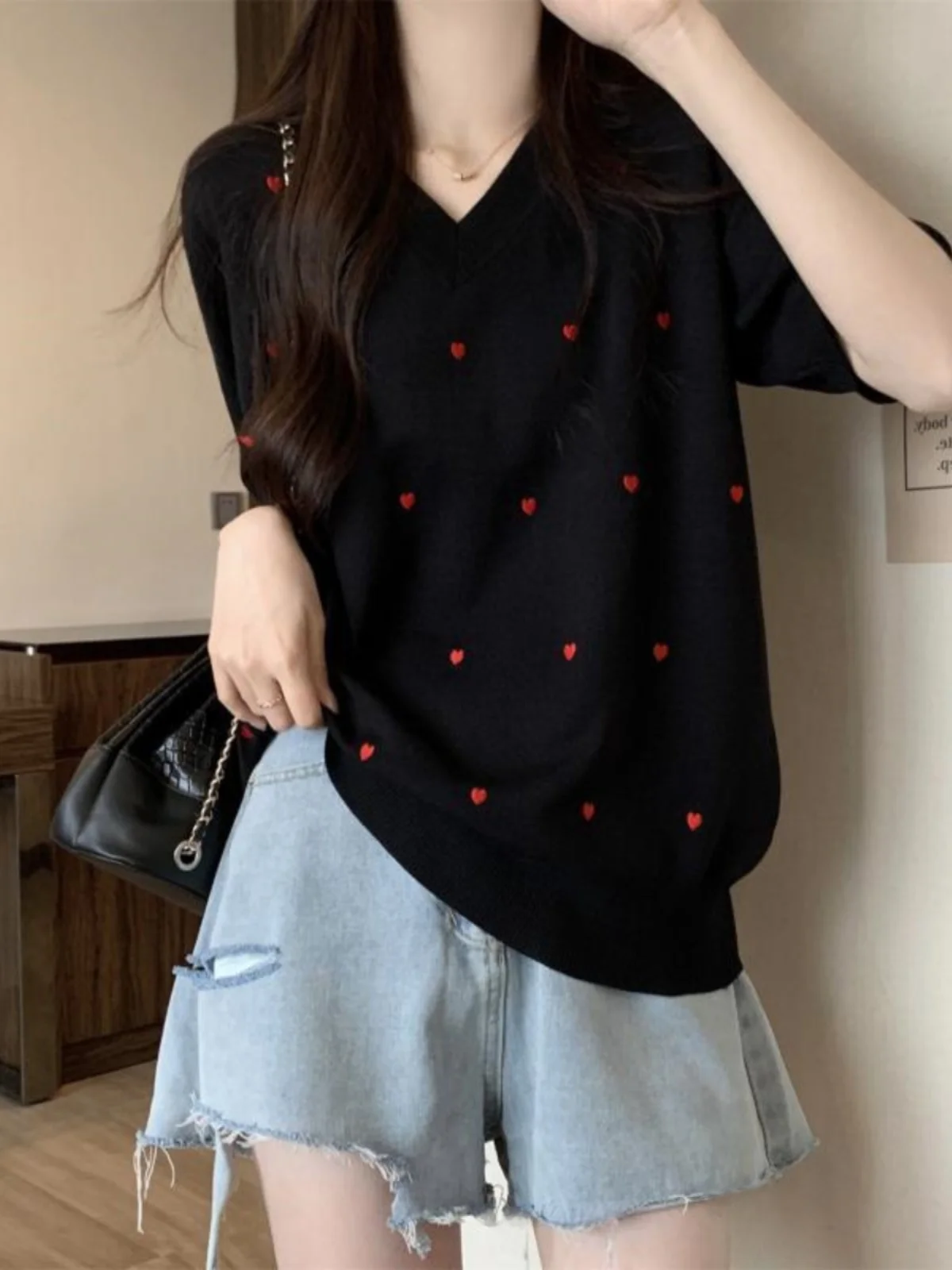 Ice Silk ort Sve T-irt Women's Brand Tagl Summer Irregular Knitted Top Commute Sle Loose Fit round Ne Regular L... (Available)