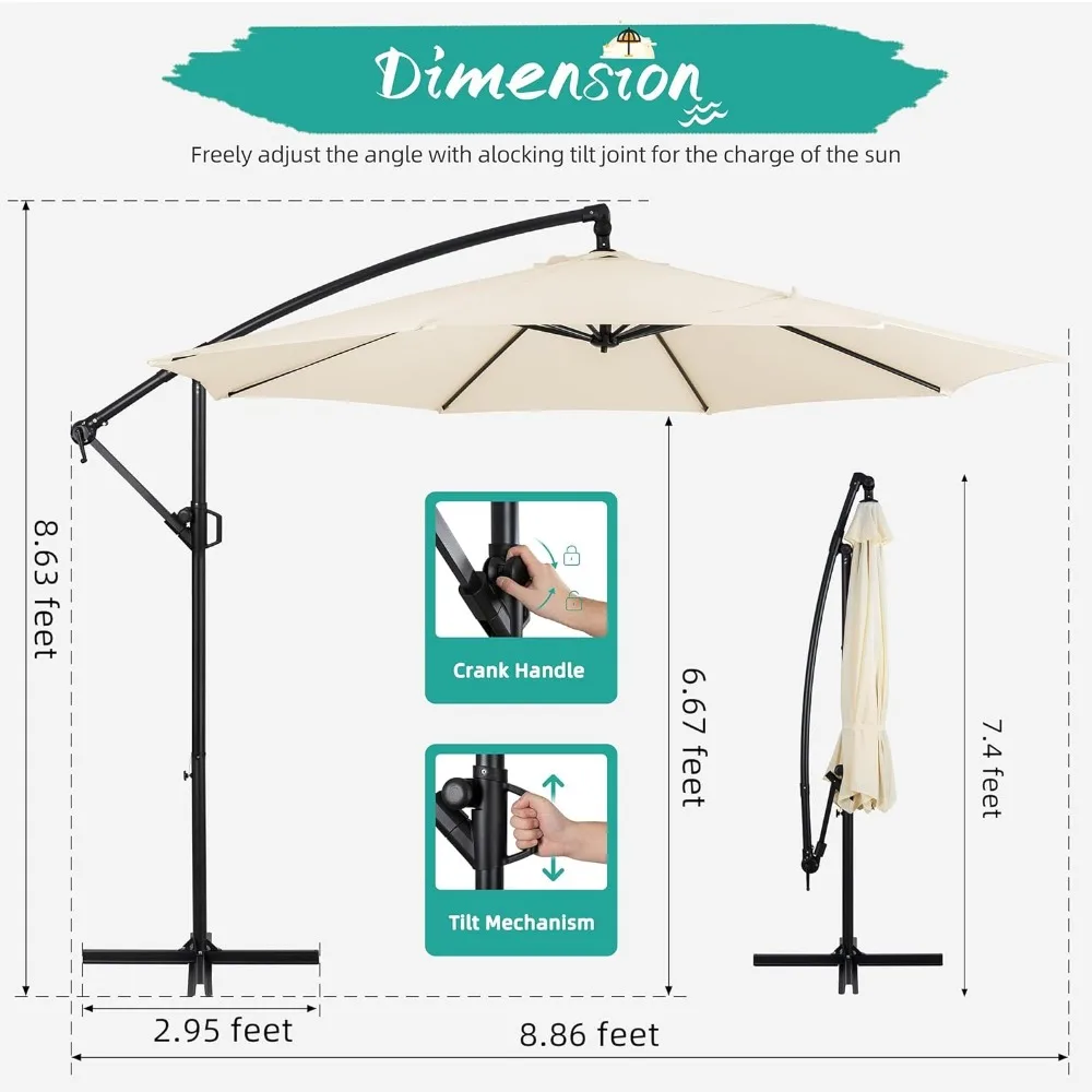 Patio Offset Umbrella Easy Tilt Adjustment Crank and Cross Base Outdoor Cantilever Hanging Umbrella 8 Ribs
