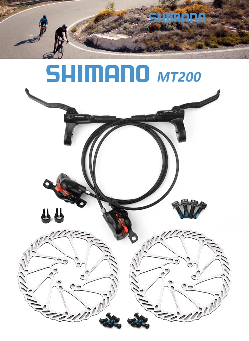 Shimano MT200 hydraulic disc brake components displayed on a flat surface